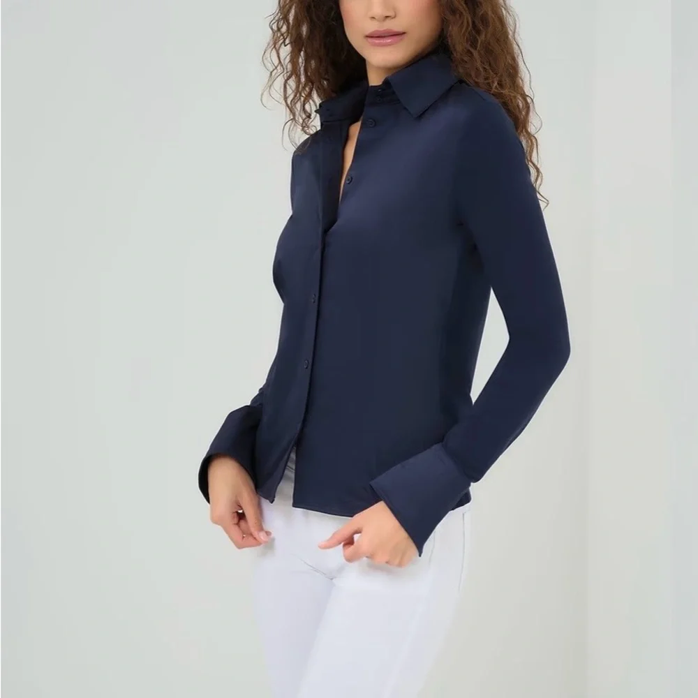 New Anatomie Womens Navy Alida Button Down Poplin Shirt Stretch Quick Dry Sz L - Picture 1 of 12